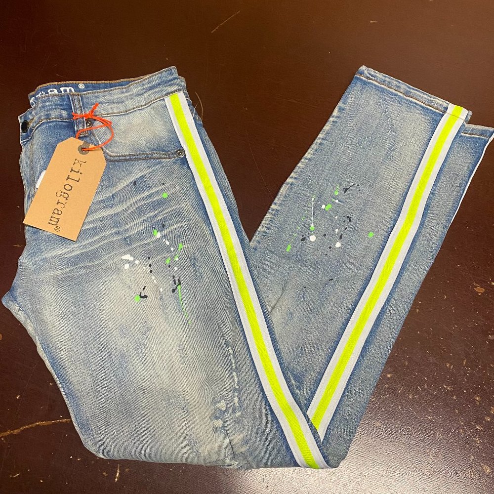 Kilogram Mens Blue Striped Distressed Paint Splatter Denim Straight Jeans Sz 36